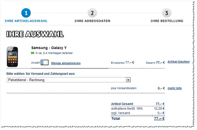 EURONICS: Screenshot vom Warenkorb (Samsung Galaxy Y für 77 €)