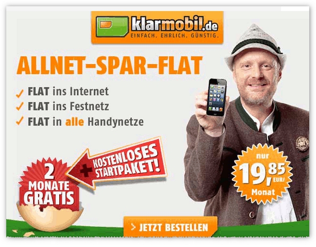 Klarmobil Allnet-Spar-Flat 2 Monate kostenlos und ohne Anschlussgebühr